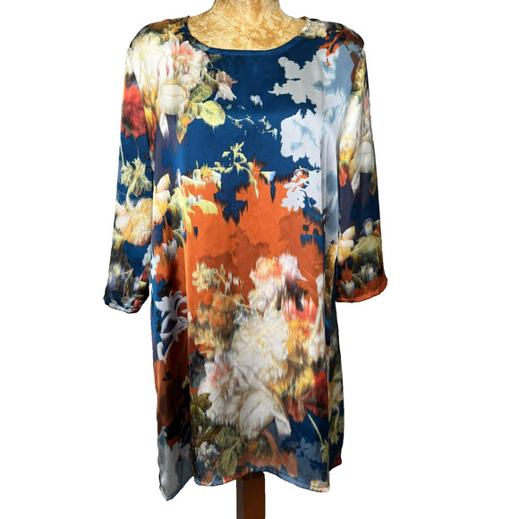 Bryn Walker Tunic Top Womens Small Blue Orange Abstract Floral Satin 3/4 Sleeve - Picture 1 of 9